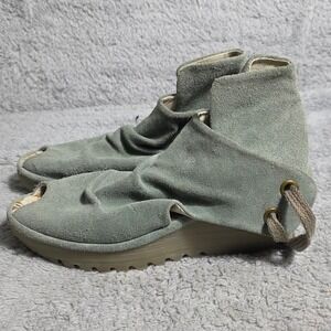 FLY LONDON Yema Sage Suede Peep Toe Wedge Ankle Lace Up Shoe Booties EU 41 10